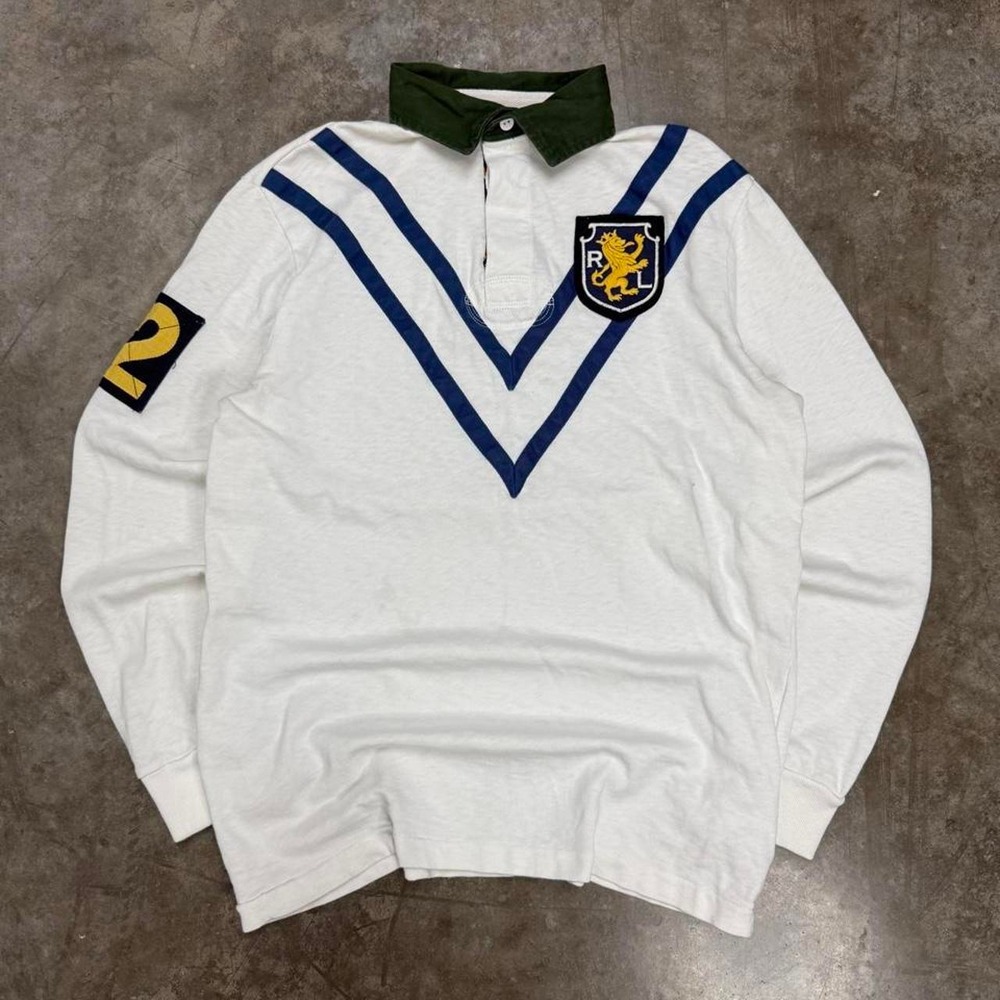 Polo Ralph Lauren Vintage Rugby Shirt White Blue Chevron Lion Crest Mens Small